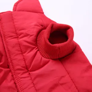 Pet winter jacket detail shot featuring warm red padded fabric and cozy ribbed collar design for small dogs.