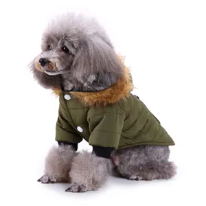 Close-up detail of the pet winter jacket showing warm fur-lined hood and button closures.