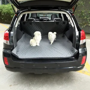 Waterproof pet car trunk mat protector for dogs, durable quilted grey cargo liner for SUV.
