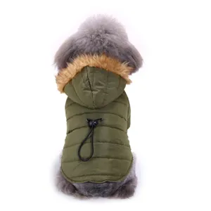 Pet winter dog jacket for small dogs puppy warm puffer coat with faux fur hood detail view