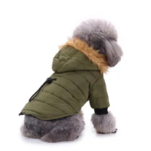 Warm winter dog jacket for small medium dogs, army green puffer coat with fur hood and leash hole.