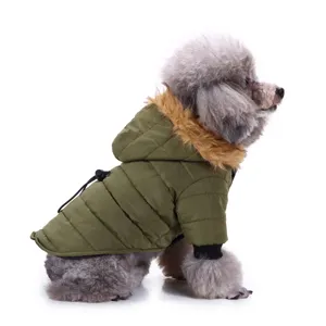 Side detail view of army green pet winter jacket with cozy brown faux fur hood for dogs.
