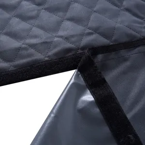 Close-up detail of pet car seat mat showing waterproof fabric, sturdy stitching, and velcro straps.