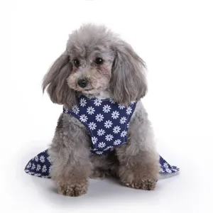 Detailed view of the daisy floral print on a navy blue summer dog dress for small pets.