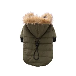 Detail view of green dog winter jacket with cozy fur hood and warm padding for small pets.