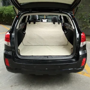Waterproof quilted pet car trunk mat in beige, anti-scratch dog cargo liner for SUV boot.