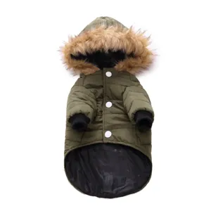 Detailed view of the pet winter warm cotton coat, green jacket with fur-trimmed hood.