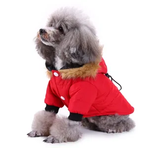 Close-up detail of warm red winter pet jacket with cozy faux fur hood for small dogs.
