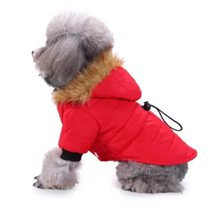 Pet winter warm cotton jacket for small medium dogs, cute red hooded coat with fur collar.