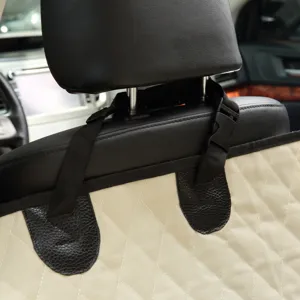 Waterproof pet car seat cover detail with adjustable straps and buckle for dog back seat use.
