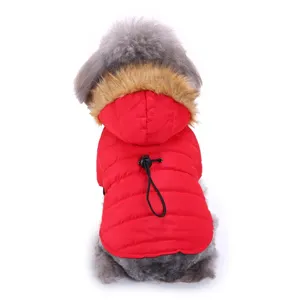 Warm red dog winter coat with faux fur hood and adjustable back drawstring for small pets.
