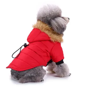 Warm winter dog jacket with faux fur hood for small and medium dogs red pet winter clothes