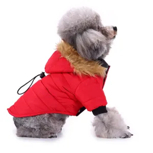 Red dog winter jacket detail view featuring cozy faux fur hood and warm quilted fabric.