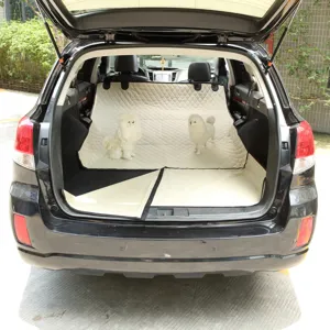 Waterproof pet car trunk mat for dogs, beige quilted cargo liner protector for SUV rear boot.