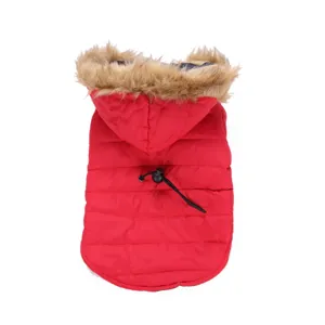 Red dog winter coat with faux fur hood warm pet jacket for small dogs puppy apparel clothing