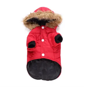 Red pet winter coat with faux fur hood and snap buttons, warm fleece jacket for small medium dogs.