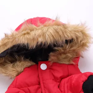 Red pet winter coat detail, warm hooded jacket with faux fur trim for small dogs and puppies.