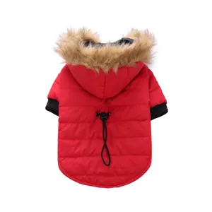 Red pet winter coat with faux fur hood, warm padded jacket for small dogs and puppies.
