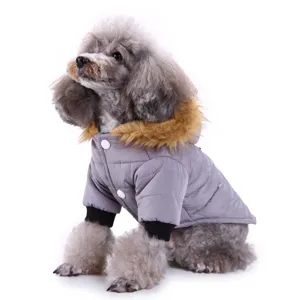 Closeup of grey pet winter coat, padded warm jacket with faux fur hood and buttons.