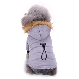 Detail view of warm gray pet winter jacket with cozy faux fur hood for small and medium dogs.