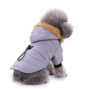 Warm winter dog coat with fur-trimmed hood and quilted fabric for small medium pets daily wear