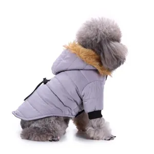 Detailed view of the gray pet winter jacket with faux fur hood for small and medium dogs.