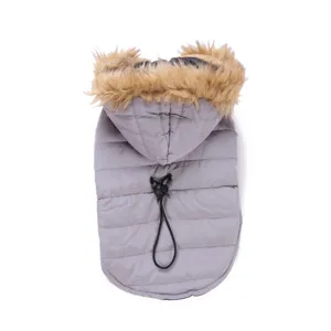 Grey quilted pet winter jacket detail, cozy faux fur hood and adjustable drawstring design.