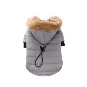 Grey pet winter coat detail, faux fur hood and adjustable back drawstring for small dogs.