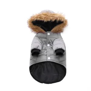 Detailed view of pet winter jacket for small dogs, warm padded puppy coat with faux fur hood.
