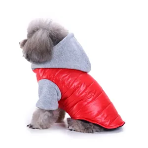 Cute winter pet dog coat with gray hood and red padded jacket, perfect for small dogs daily wear.