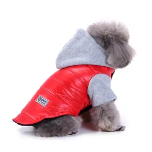 Winter warm pet dog hoodie jacket with red padded body and grey sleeves for small dogs apparel