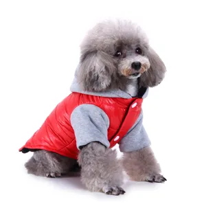 Red and grey pet hoodie dog jacket, warm winter cotton coat for small dogs and puppies apparel.