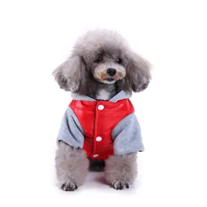 Detailed view of the pet winter warm cotton jacket with a cute red and grey hoodie design.