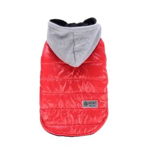 Red quilted pet dog winter jacket with grey hood and warm fleece lining for small dogs detail.