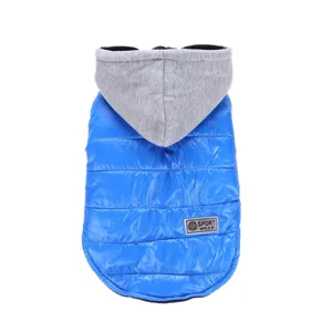 Pet winter warm jacket with hood, blue quilted dog coat with grey hood for small dogs detail.