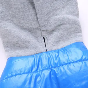 Close-up detail of winter dog hoodie jacket with leash hole in grey and blue color block