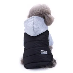 Warm dog winter vest with grey hood, stylish pet cotton coat jacket for small and medium dogs.