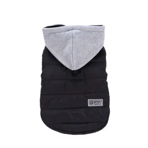 Detailed view of the black and gray pet winter hooded jacket with quilted warm padding.