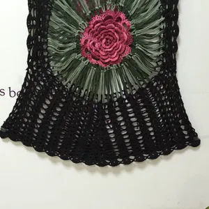 Handmade crochet sleeveless top, black mesh cover up with floral pink green accent.