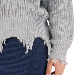 Plus size grey knit sweater for women, long sleeve frayed hem pullover top main view.