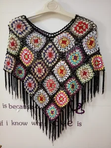 Hand crocheted granny square sleeveless poncho top, colorful bohemian knitted cape sweater.