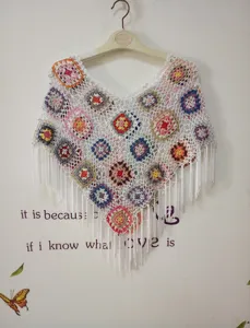 Handmade crochet hollow sleeveless poncho cape top, colorful floral patchwork fringe pullover.