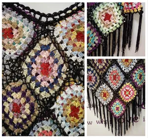 Detailed view of hand-crocheted gradient granny square pattern with chic black fringe.