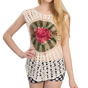 Women's Casual Cotton Hollow Out Gradient Color Sleeveless Knit Cover-Up Sweater Floral Chic Top