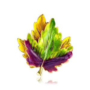 Exquisite vintage maple leaf enamel brooch pin with vibrant green and purple gradient