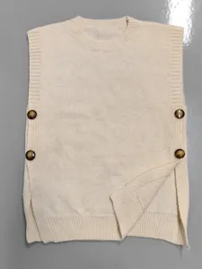 Chaleco jersey de punto para mujer cuello redondo sin mangas casual otoño top beige