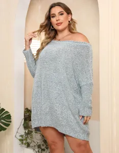Große Größen schulterfreies loses Strickpullover Kleid lässiger langarm Pullover Damen