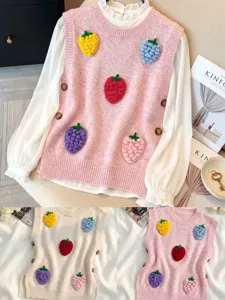 Chaleco de Punto Dulce para Mujer Pulóver Sin Mangas de Cuello Redondo Con Parches de Fresa 3D y Botones Laterales Top de Punto