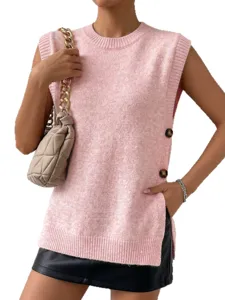 Chaleco de punto rosa para mujer, jersey sin mangas de cuello redondo casual para primavera.