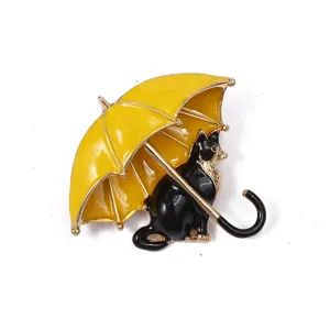 Spilla in smalto carina con ombrello giallo e gatto nero stile giapponese per coppie